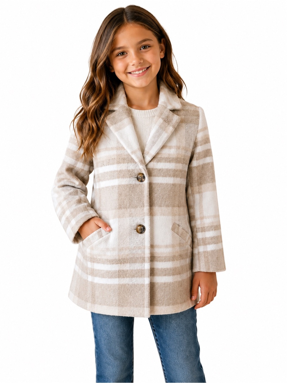 Copper Key Girls Plaid Peacoat Youth Medium Beige Cream Winter Coat Jacket